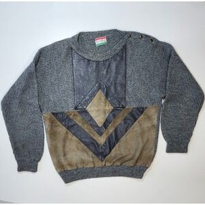 Vintage NICO NERINI‎ Leather Knit Sweater Mens Large 44" Grandpa 70s 80s Italy